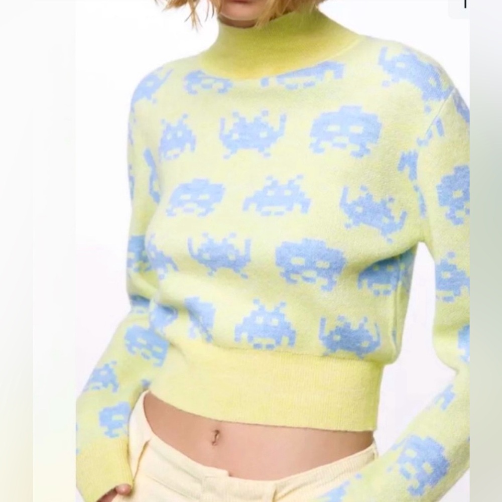 Zara Pastel Yellow and Light Blue Pixel Space-Invader Crewneck Sweater